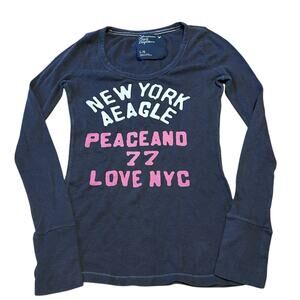 Vintage Y2K American Eagle Navy Blue Waffle Knit Graphic Tee Womens Size Large